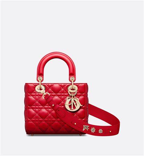 Sac Lady Dior Small Cuir d'agneau Cannage bicolore rouge 